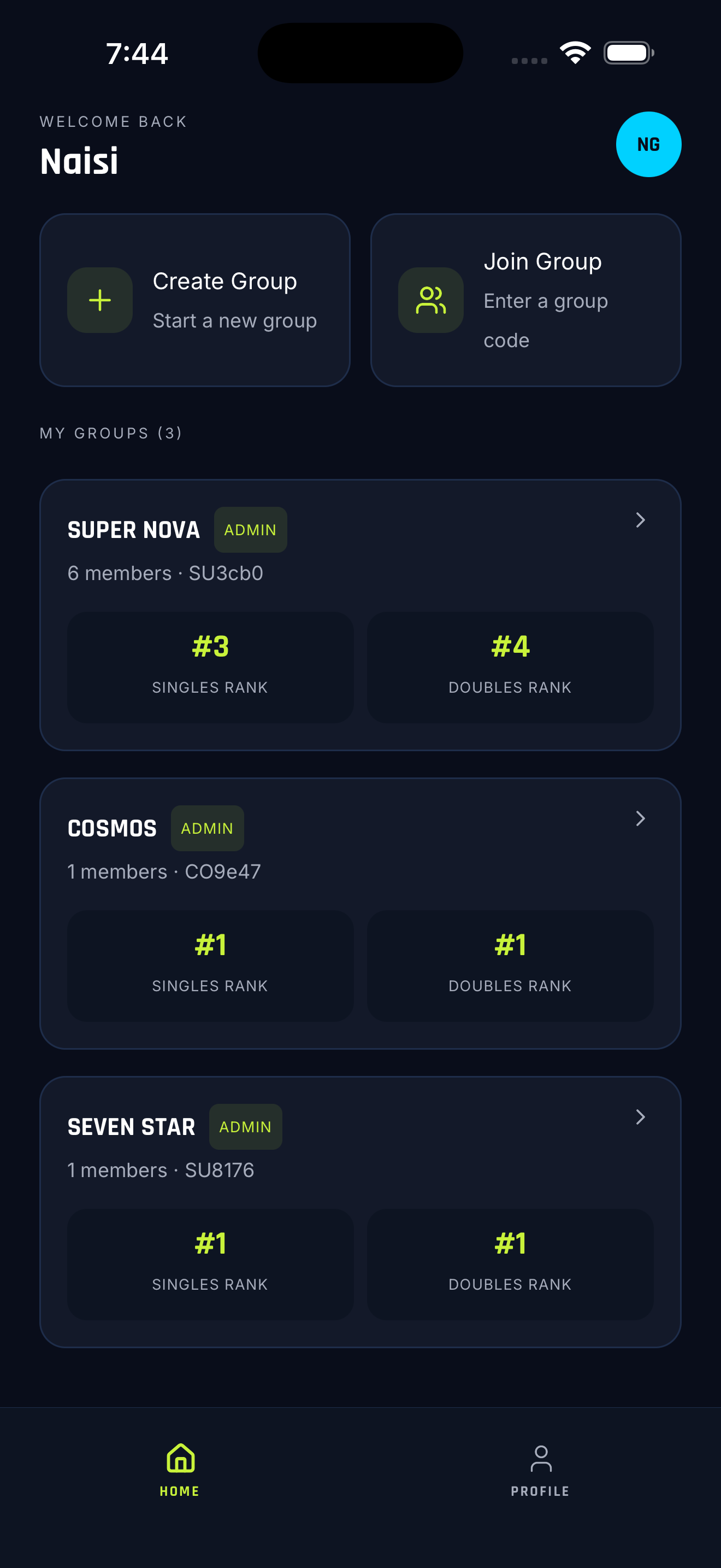 Smasho home screen showing groups and rankings