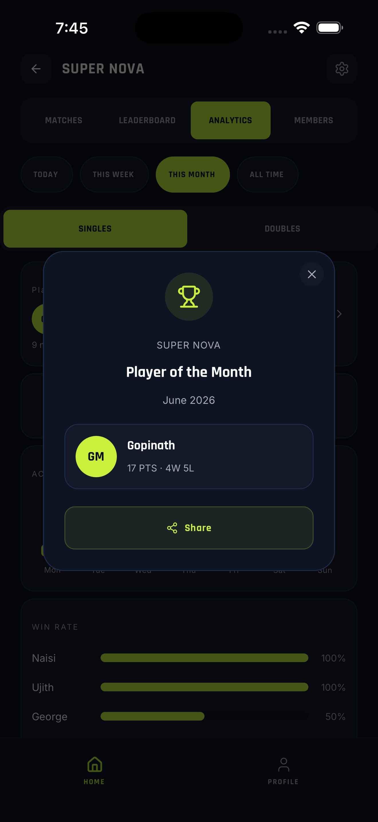 Player of the Month award card